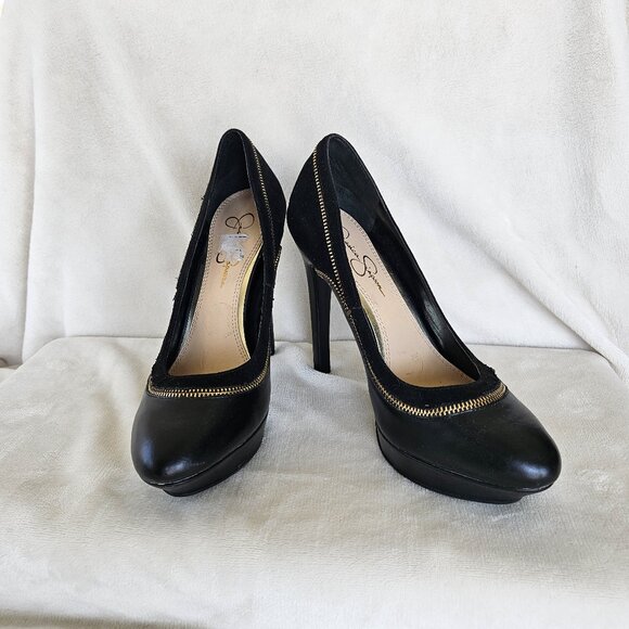 SIZE 8.5 Jessica Simpson Black Platform Zipper Trim Heels Pumps EUC - Picture 9 of 12